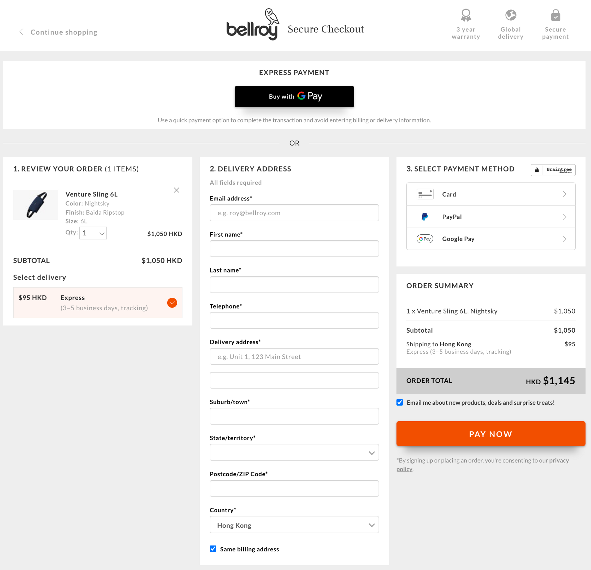 Bellroy Shopify one-page checkout