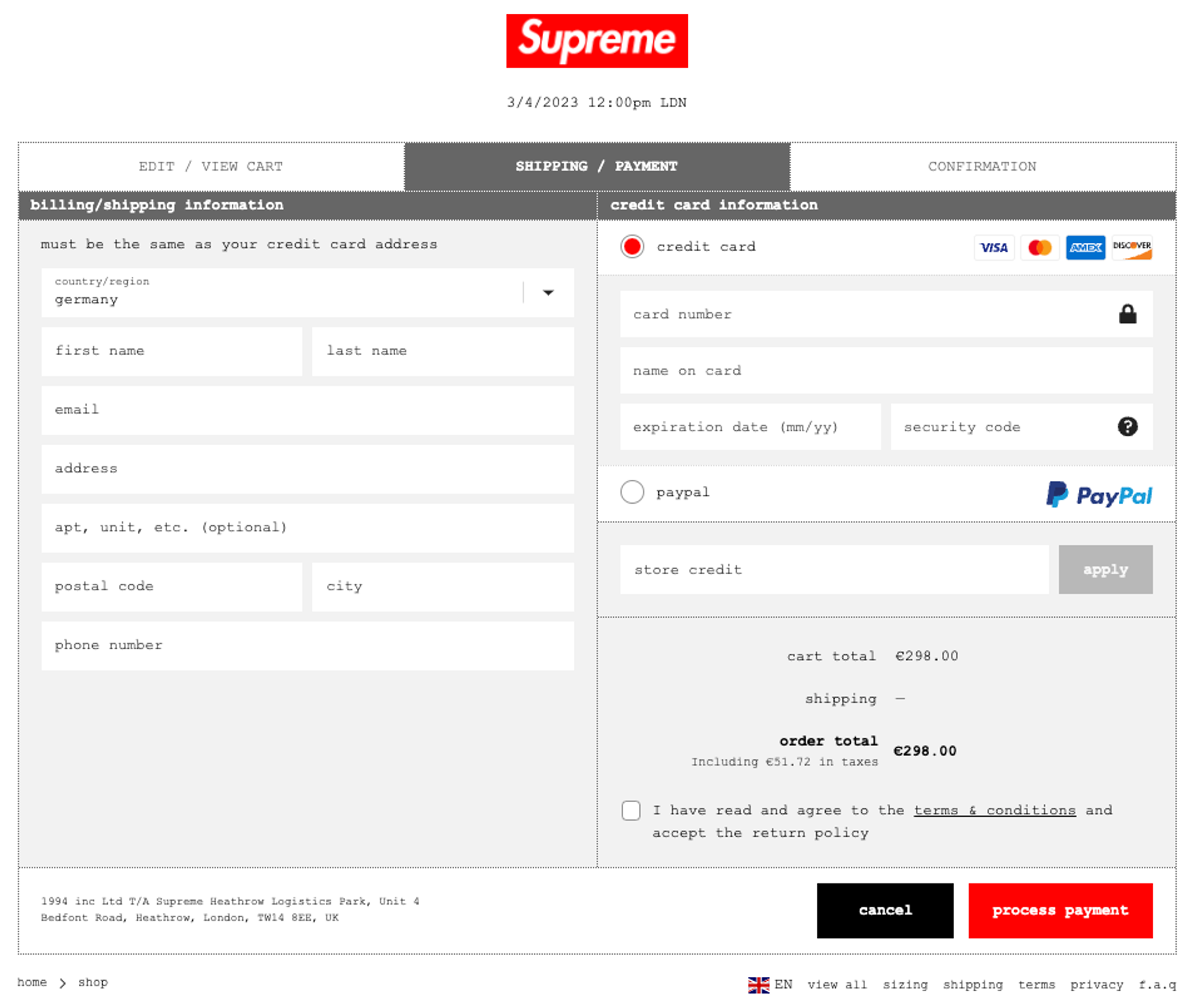 Supreme Shopify One-page Checkout