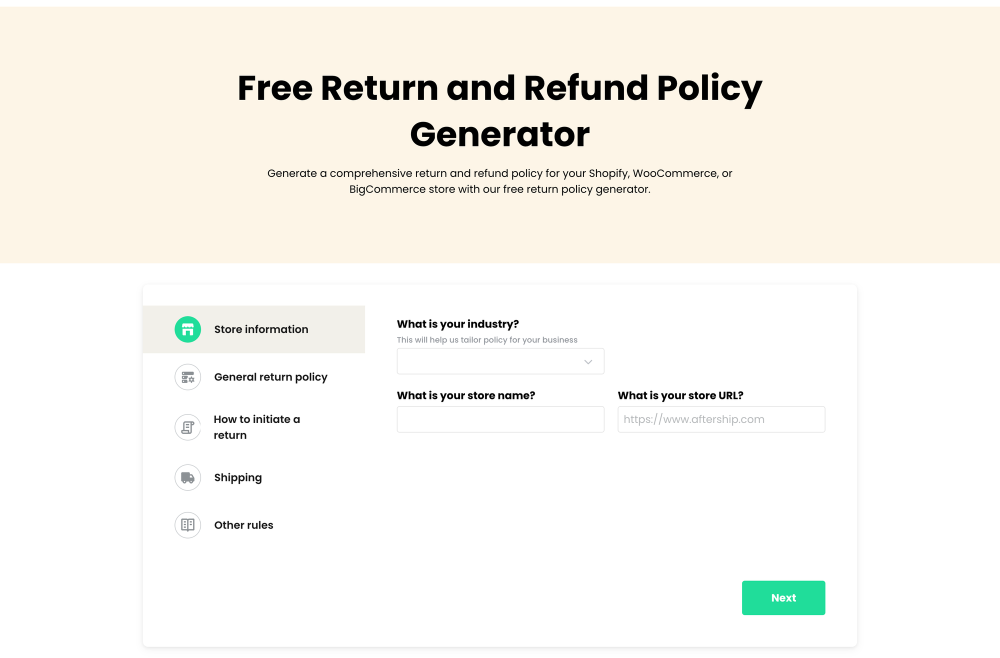 Screenshot of AfterShip's free Return and Refund policy generator